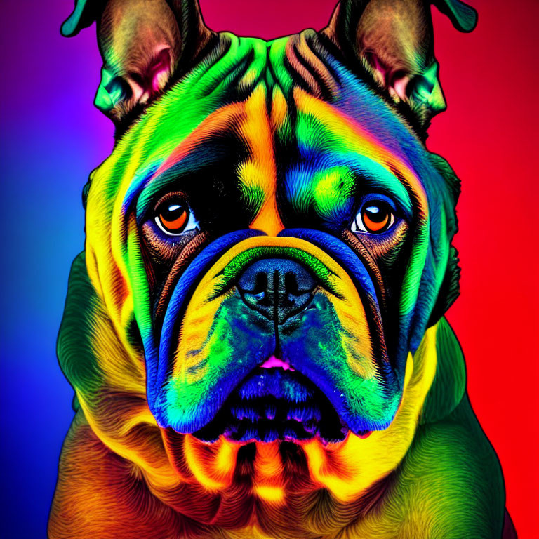 Colorful Bulldog Portrait with Neon Rainbow Palette on Gradient Background