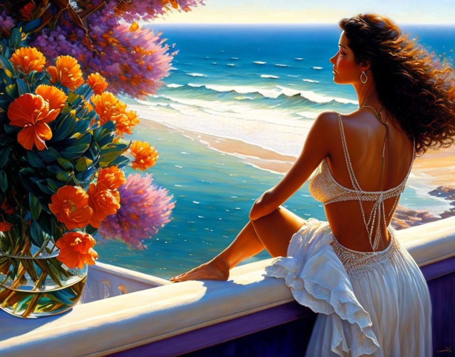 Woman in white dress admires ocean view from balcony with vibrant flowers and crashing waves.