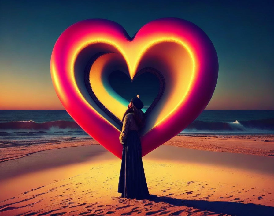 Sunset beach scene with large heart-shaped neon sculpture