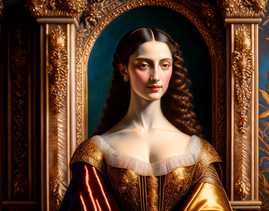 Renaissance-inspired digital art with ornate backdrop