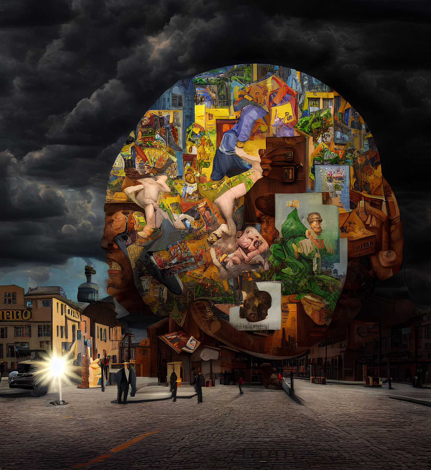 Egg-shaped collage of scenes and characters in moody sky over town square