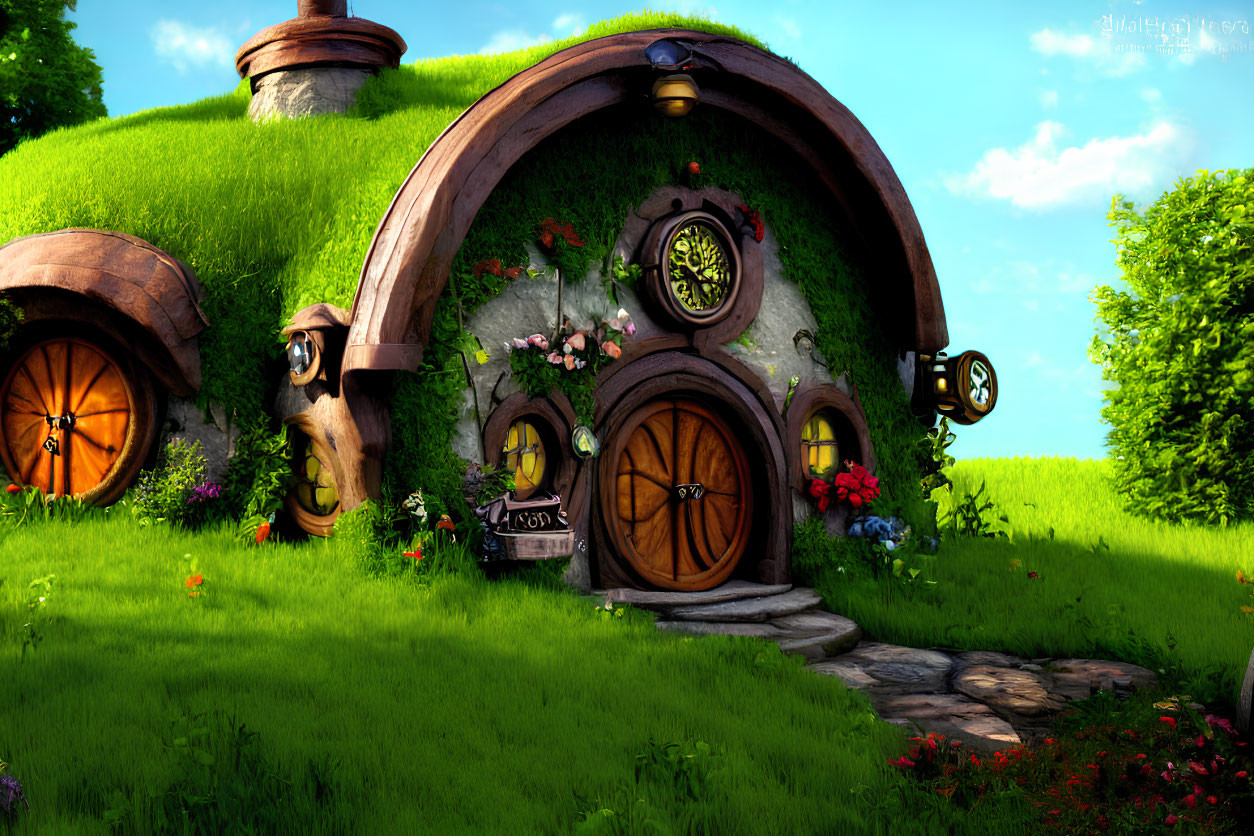 Charming hobbit house with round door and grass roof in lush landscape