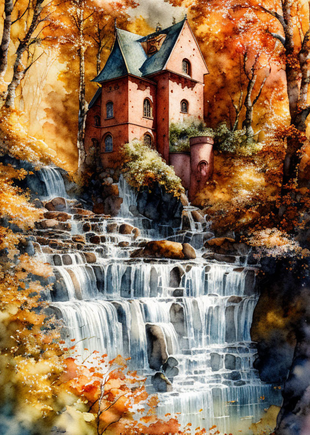 Watercolor painting of red house on waterfall amid autumn foliage