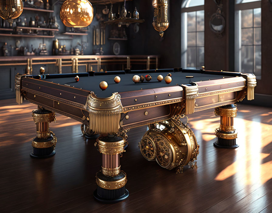 Steampunk-inspired ornate pool table in elegant room