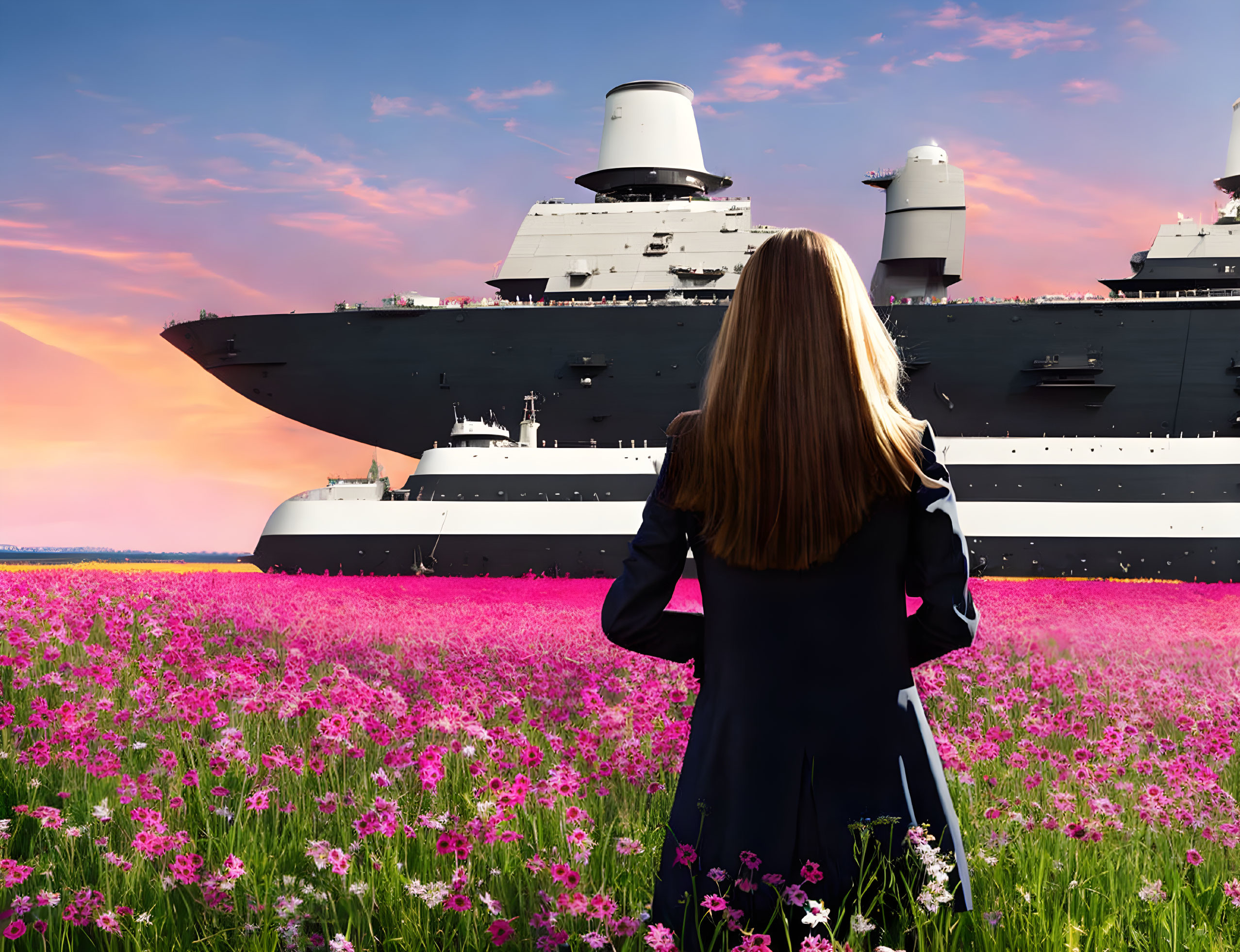 Woman in Pink Flower Field Watching Navy Ship at Sunset