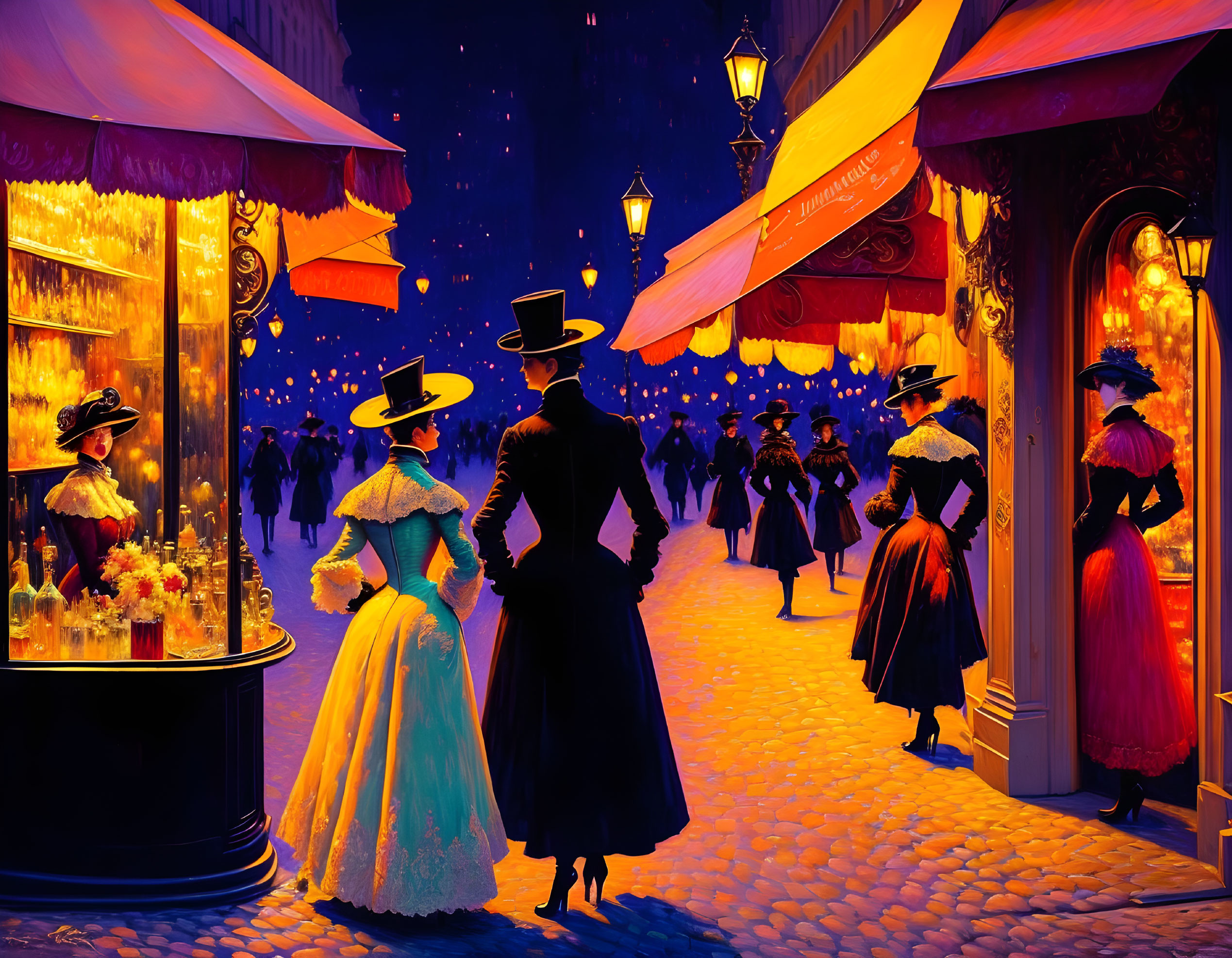 Victorian Era Night Street Scene with Elegantly Dressed Couples Strolling