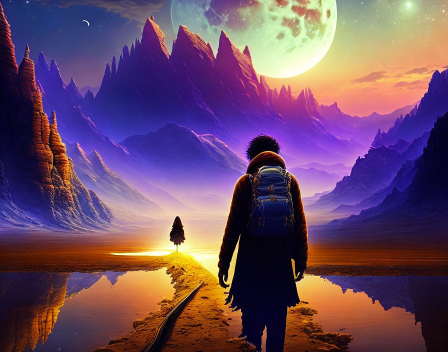 Person with backpack in surreal landscape with purple skies, mountains, moon, and water.