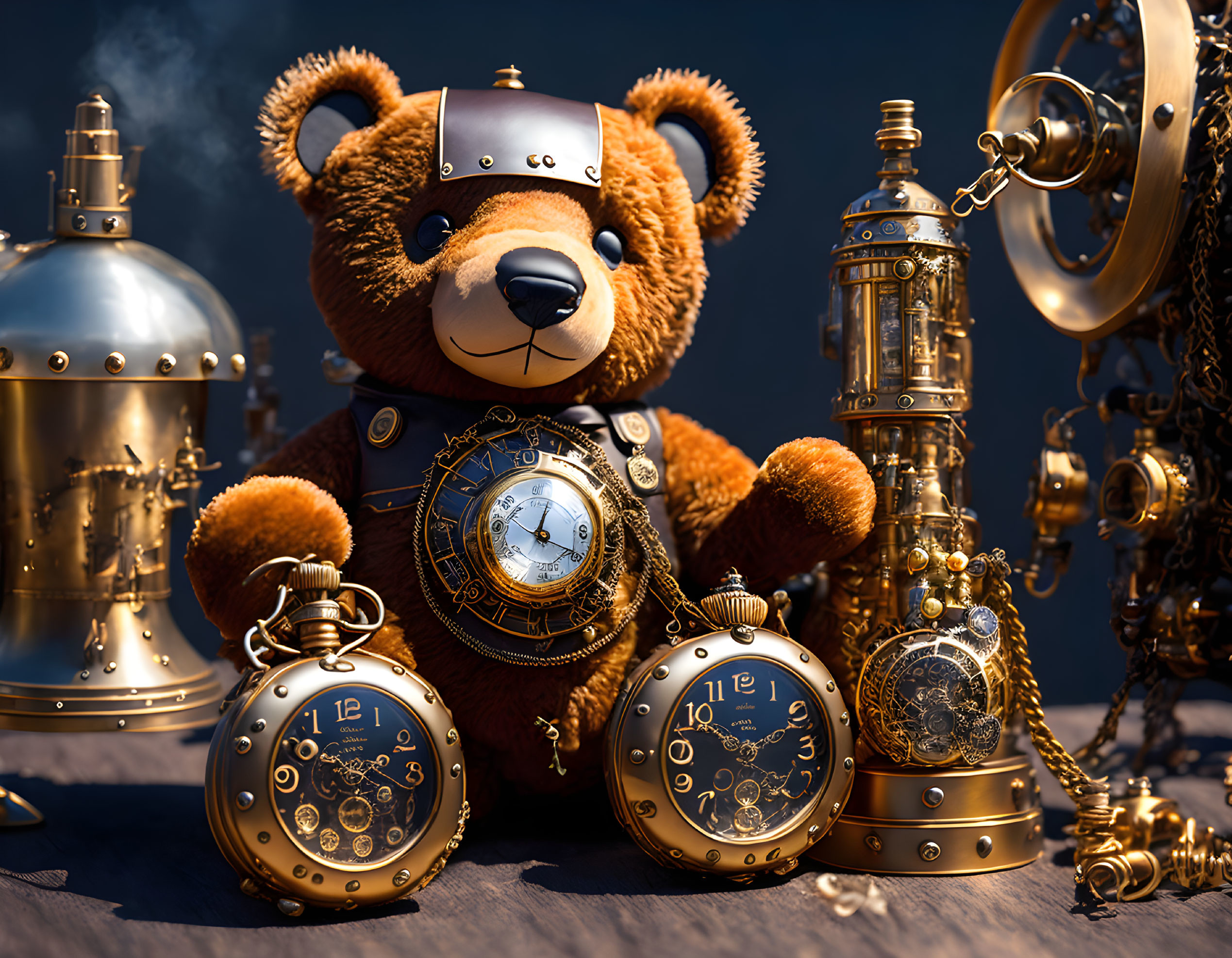 Steampunk-themed teddy bear with goggles and brass gears