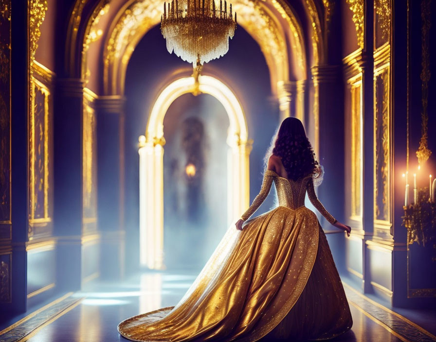 Woman in Glittering Golden Gown in Opulent Hallway