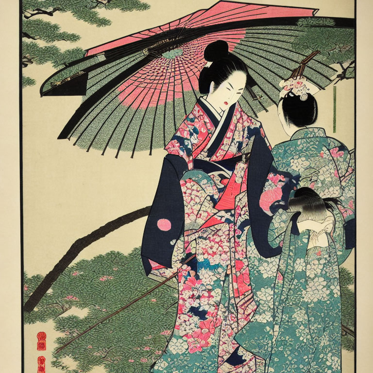 Traditional Japanese women in kimonos with umbrella in ukiyo-e style.