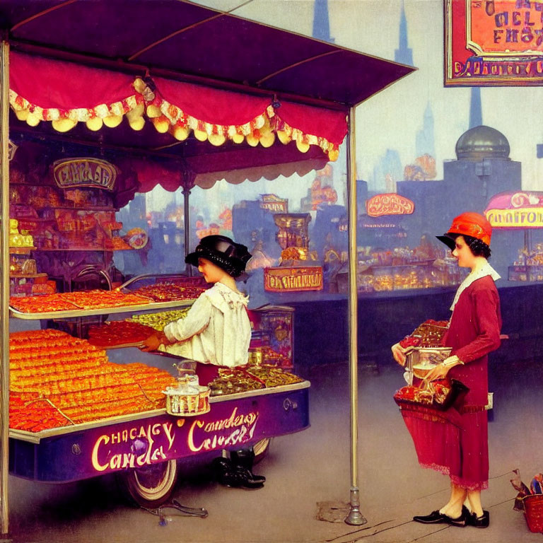 Vintage painting of boy selecting candies from Chicago Candies cart with stylish woman shopping.