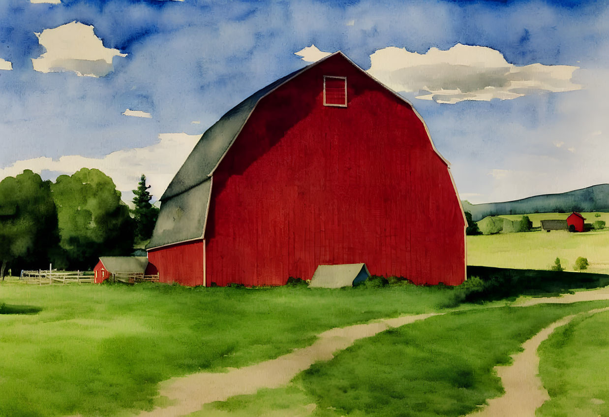 Red barn with green roof in lush greenery under blue sky