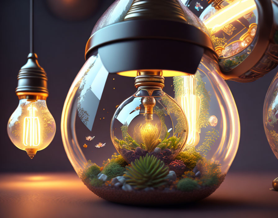 Glass Bulbs with Mini Ecosystems and Vintage Light Bulbs in Surreal Scene