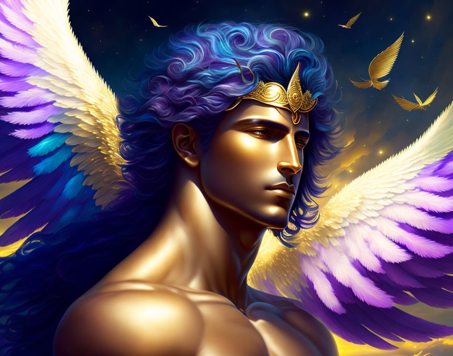 Male figure with blue hair, golden crown, and purple wings surrounded by golden birds in starry sky