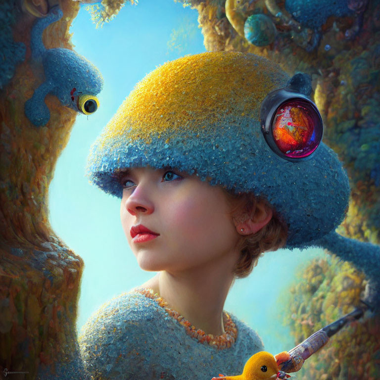 Whimsical girl with moss-covered helmet in surreal forest scene