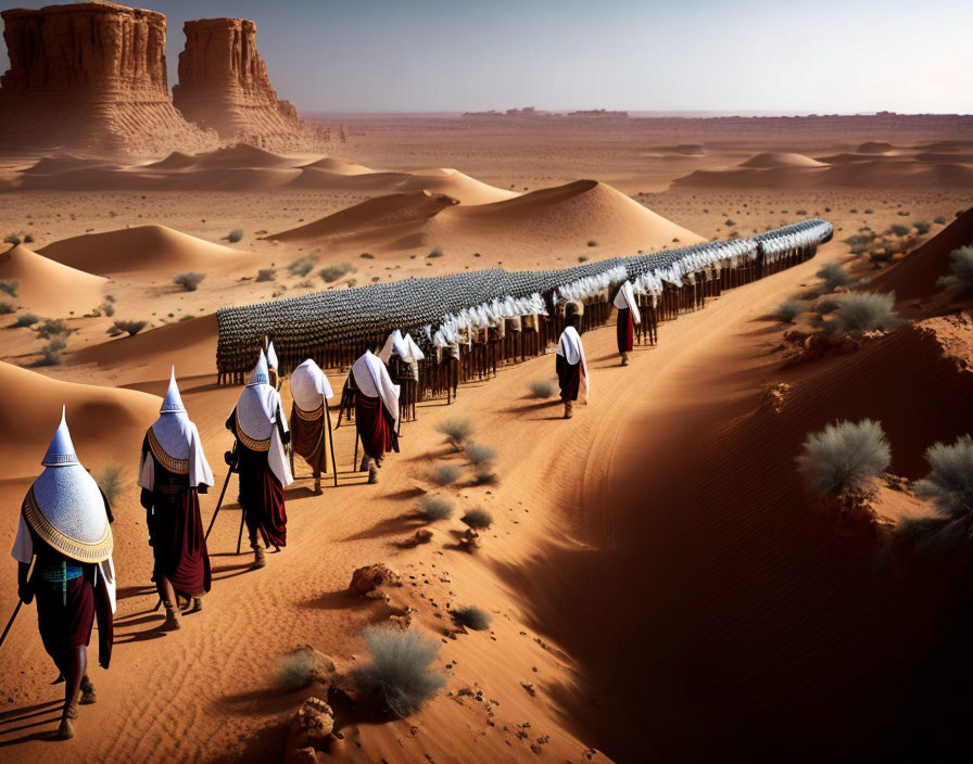 Traditional robed people walking in desert with solar panel structure