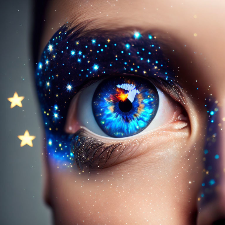 Close-up Human Eye with Galaxy Motif and Space Theme Overlay