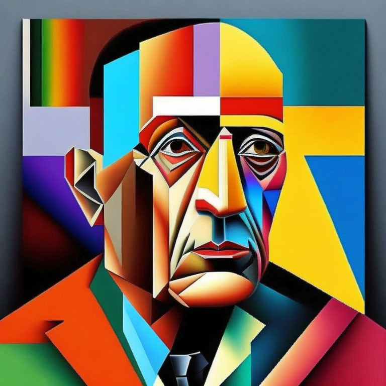 Abstract Cubist Portrait of Man with Geometric Shapes on Gray Background