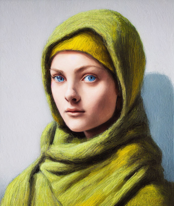 Portrait of person with blue eyes and fair skin in green hooded garment with shadow.