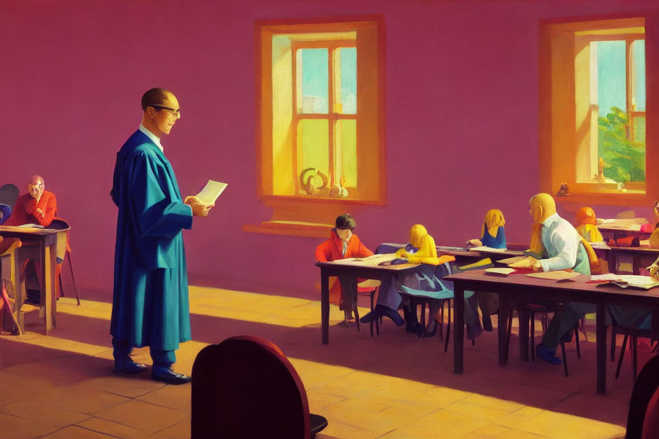 Blue-robed instructor supervises students in pink-walled exam room