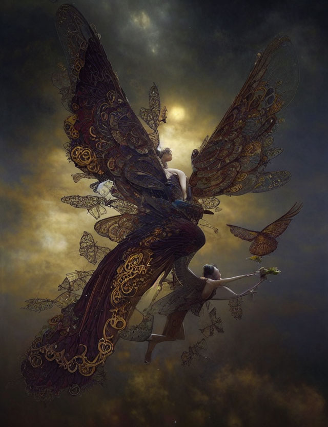 Ethereal scene of two winged figures in golden sky