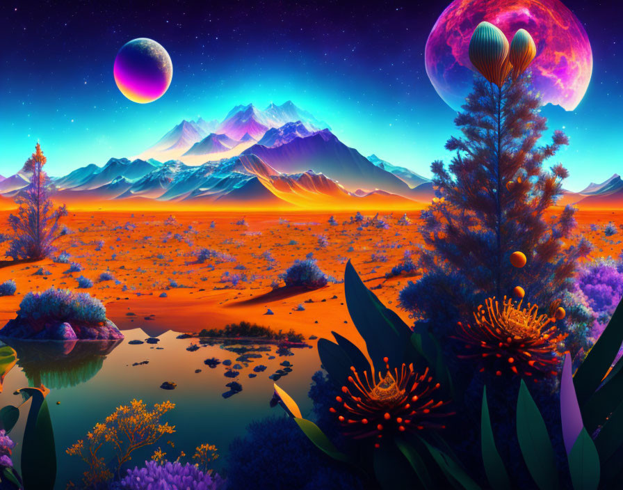 Colorful surreal landscape with reflective water, mountains, and oversized planets.