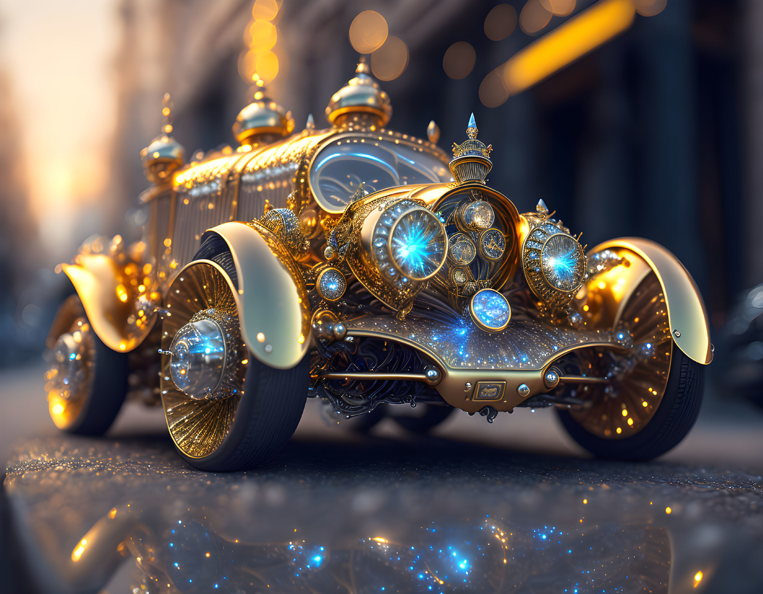 Detailed Steampunk-Inspired Golden Car with Glowing Blue Lights