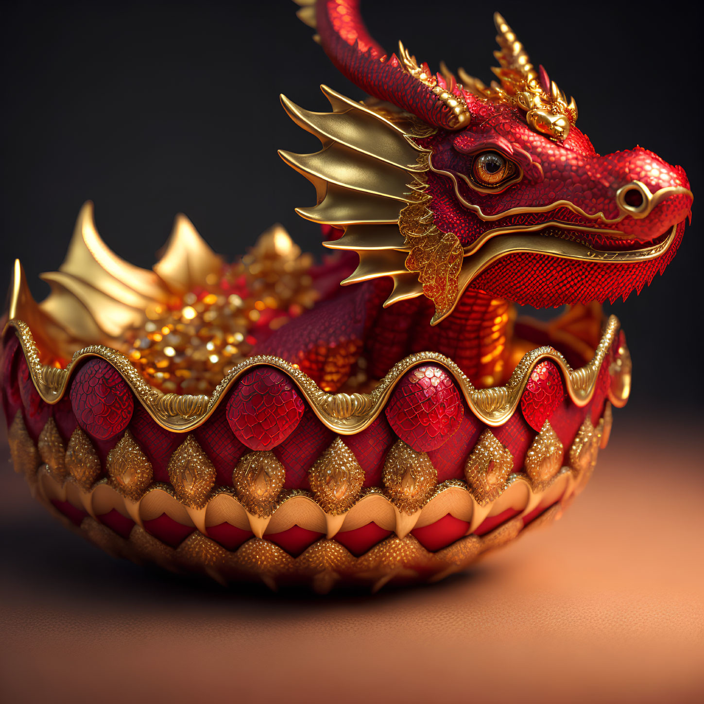 Intricate Red and Gold Dragon Sculpture on Dark Background