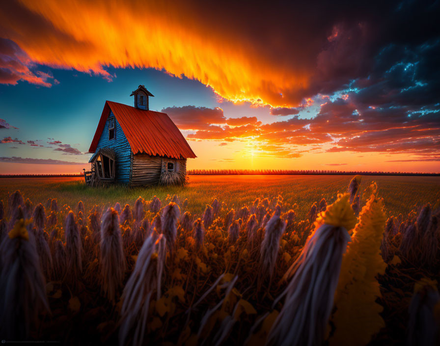 Rustic wooden barn in wheat field at sunset