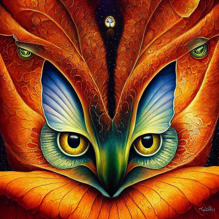 Colorful surreal owl-like creature with intense yellow eyes and ornate patterns