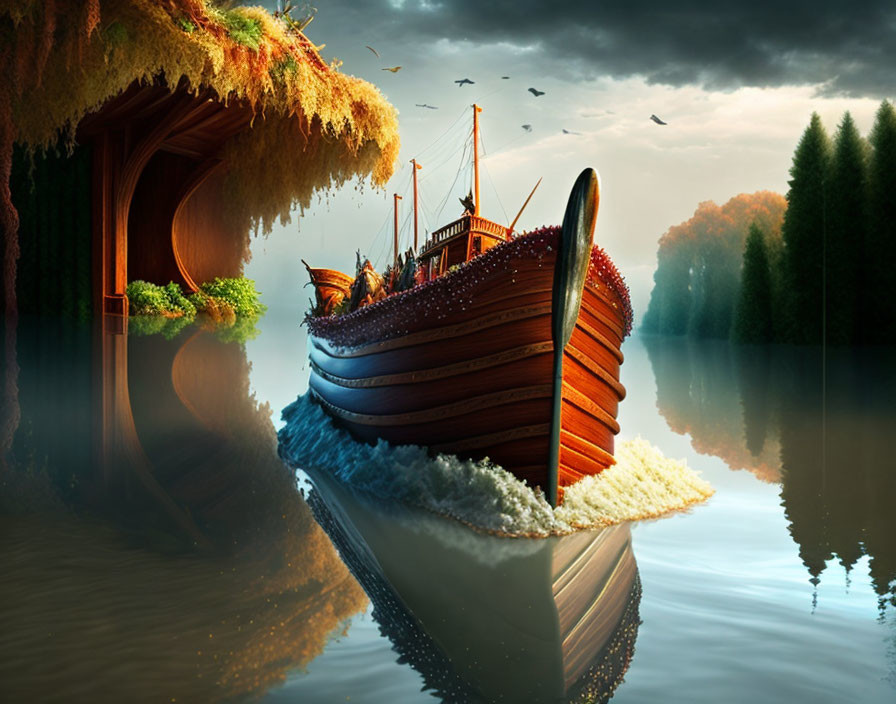 Viking longship sailing through serene waterway near lush forest