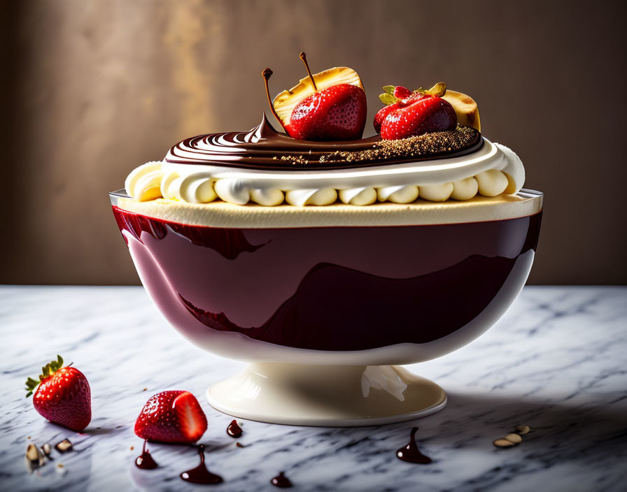 Decadent chocolate bowl dessert with cream, strawberries, figs, and chocolate sauce