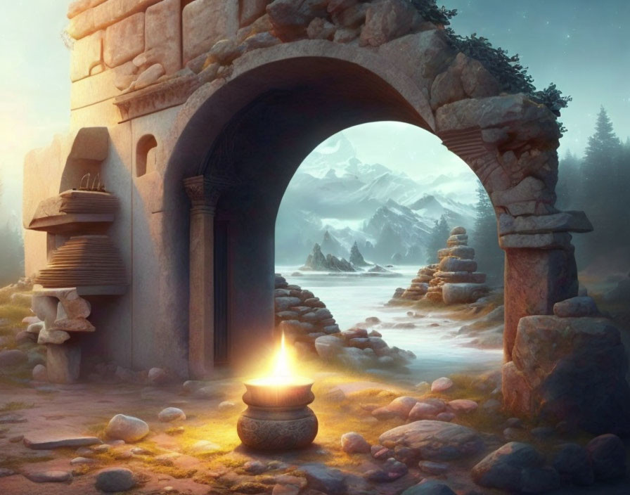 Stone archway frames serene mountain scene with river, stone towers, and glowing lantern at dusk.