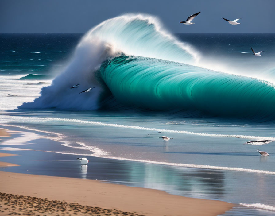 Transparent Blue-Green Wave Breaking on Sandy Beach with Seagulls