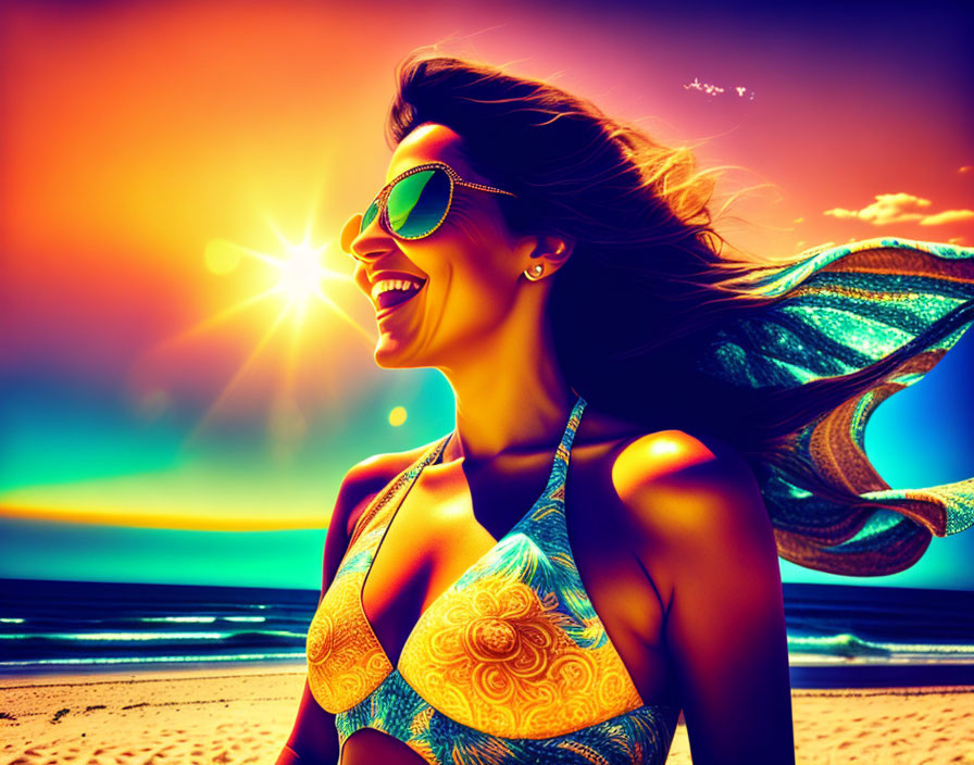 Woman with sunglasses on beach at sunset, hair blowing, colorful sky.