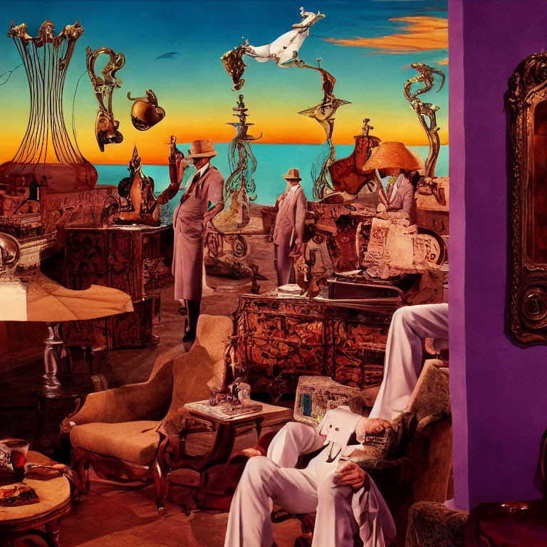 Surreal room with distorted furniture and figures in trench coats under twilight sky.