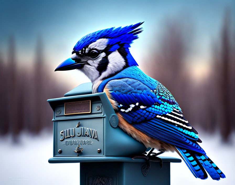 Colorful Blue Jay on Green Mailbox in Forest Setting