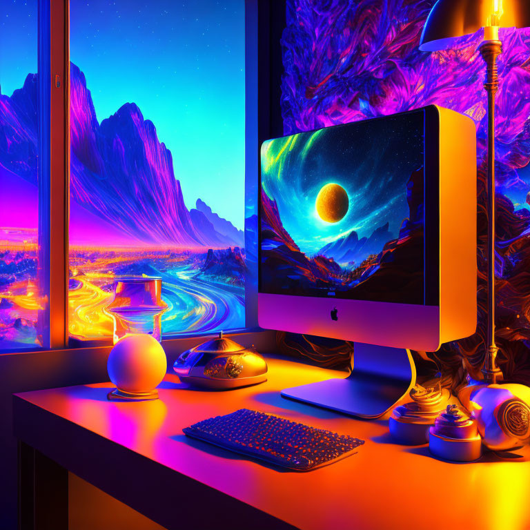 Modern computer workspace with space-themed decor and neon lighting