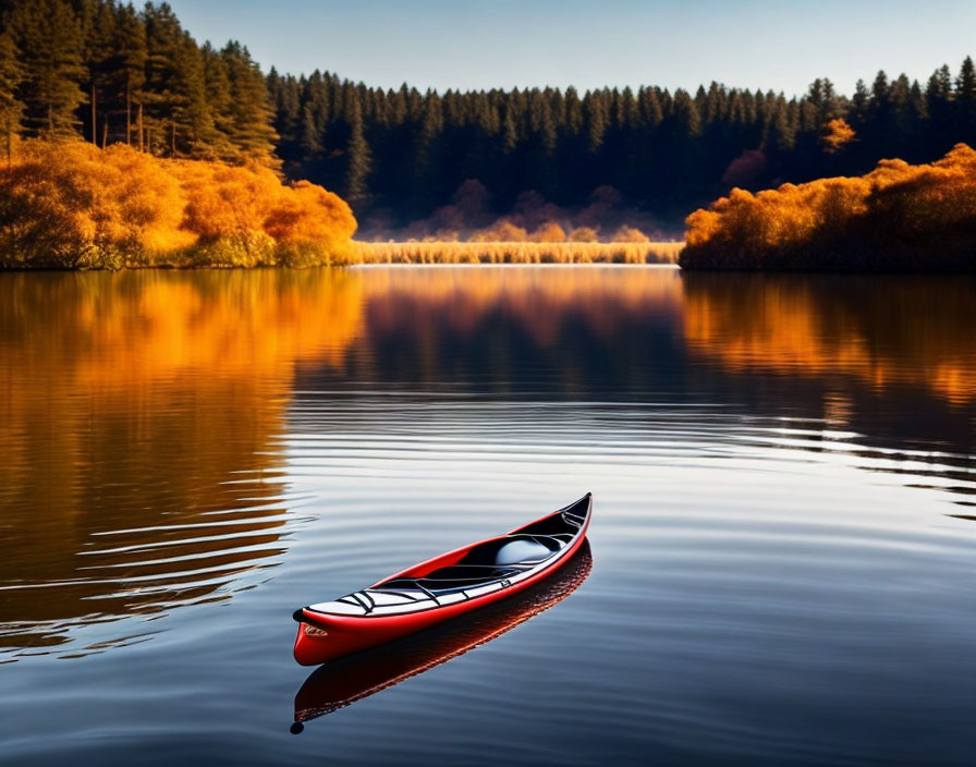 Tranquil lake with autumn trees and red canoe