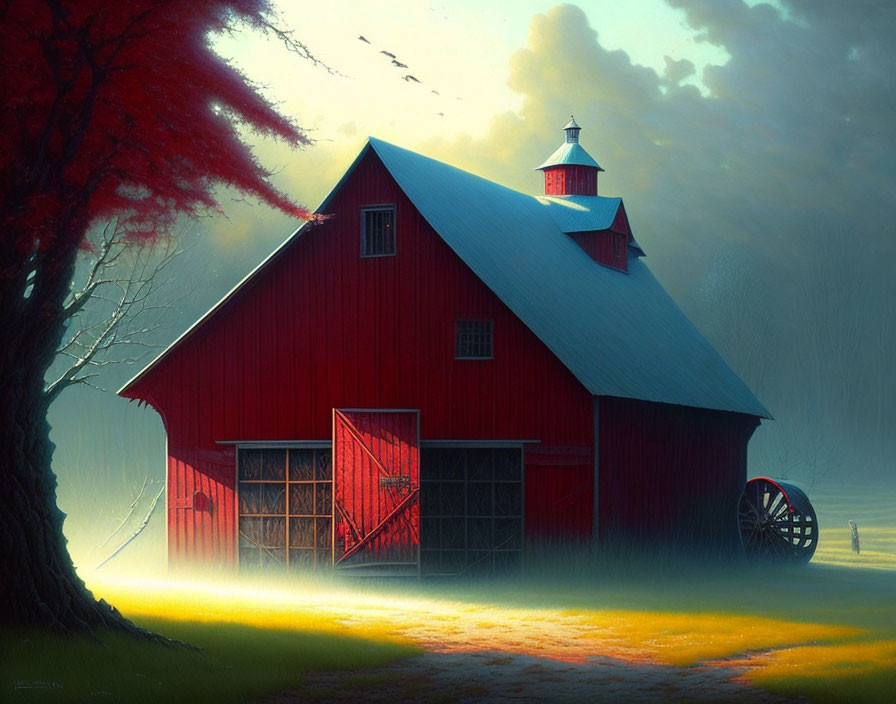 Red barn in mist with sunlight and bird silhouettes