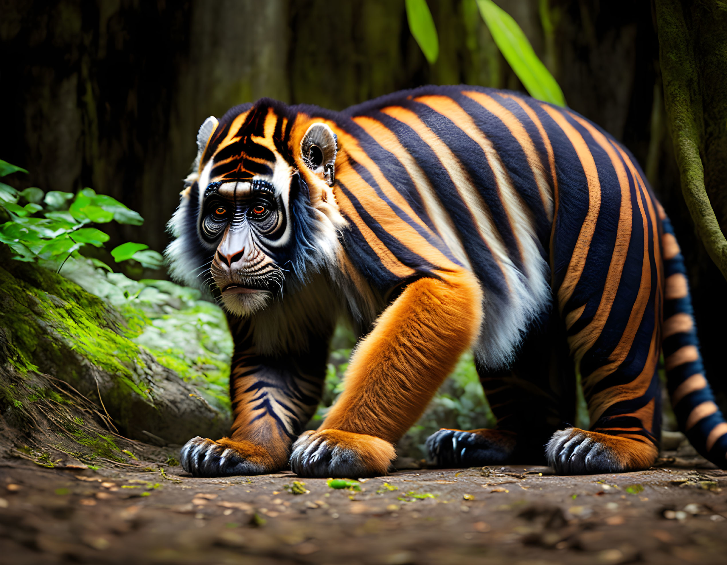 Hybrid Creature with Tiger Stripes and Orangutan Face in Jungle