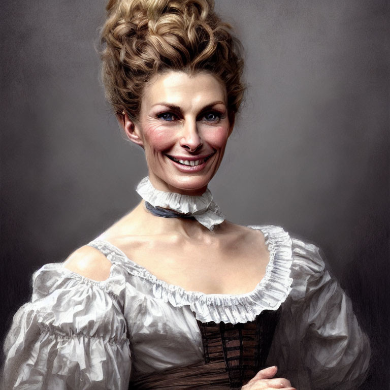 Exaggerated smile and historical attire on woman caricature