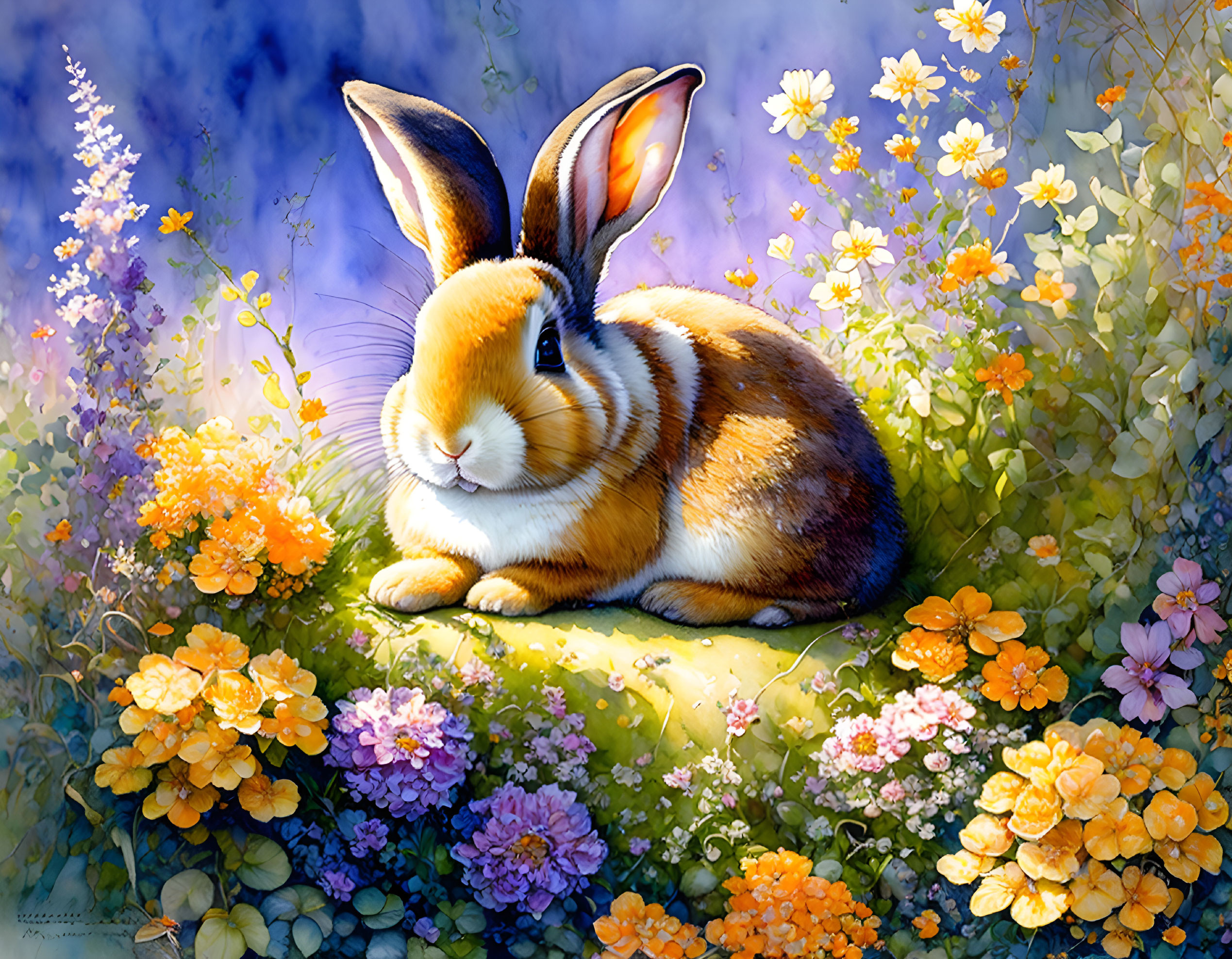 Illustration of brown and white rabbit in floral garden under purple sky