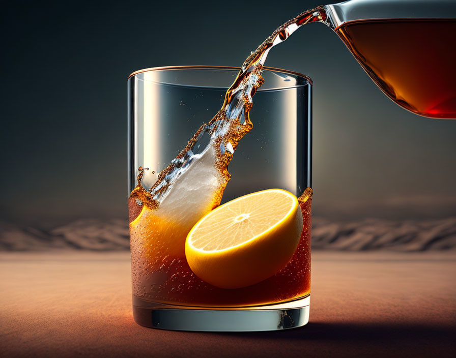 Amber liquid pouring into glass with splash beside orange slice