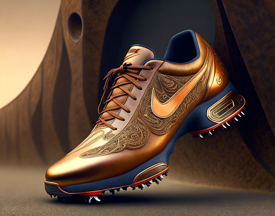 Brown and Gold Stylized Nike Sneaker with Intricate Designs on Abstract Background