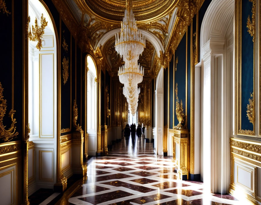 Luxurious Hallway with Golden Ornaments and Grand Chandeliers