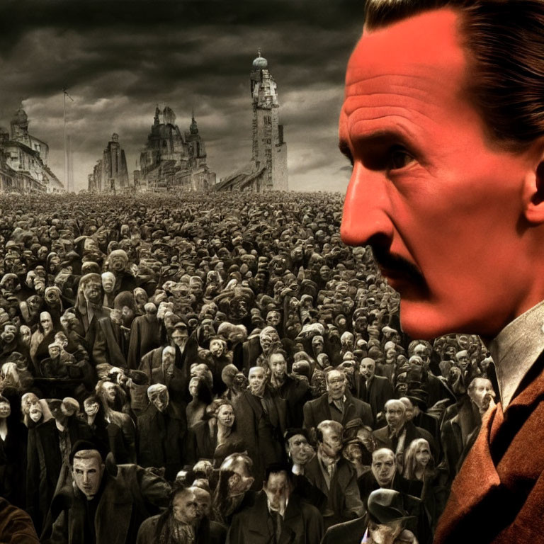 Large crowd in industrial dystopian setting with man and mustache