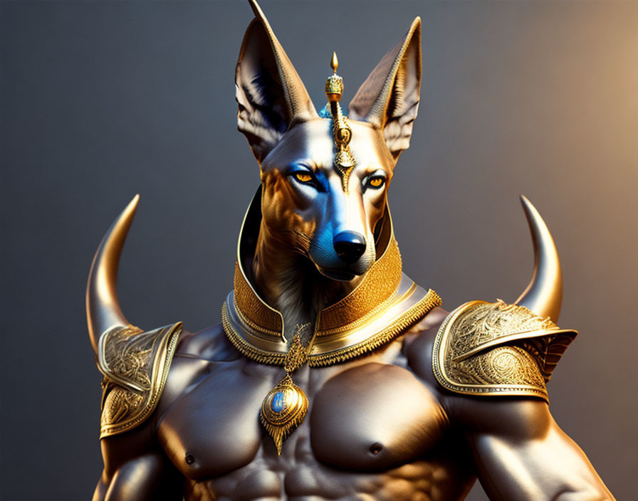 Detailed 3D rendering of Anubis, Egyptian god with human body and jackal head,