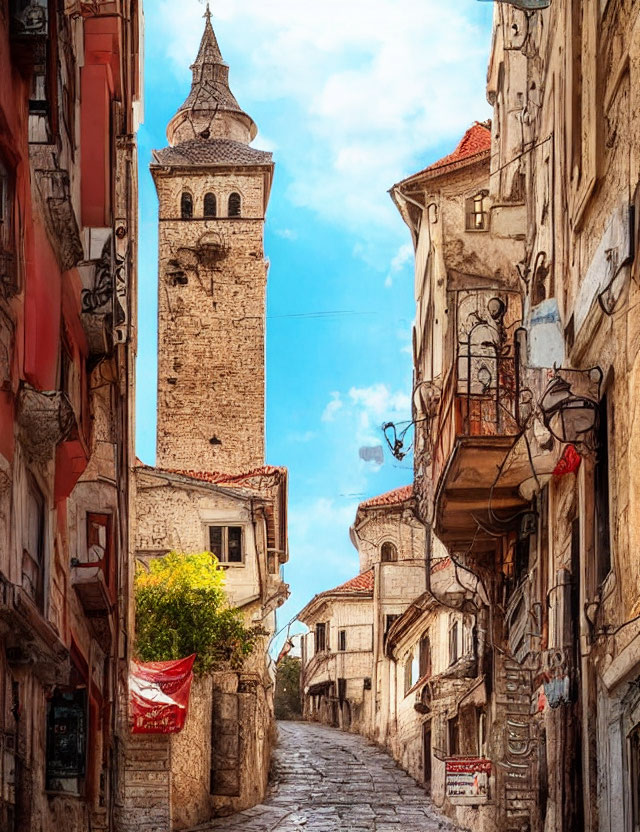 Ancient stone tower and historic buildings on cobblestone street