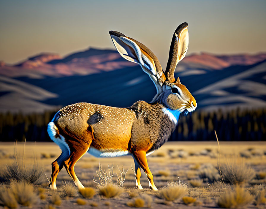 Stylized jackrabbit with large ears in desert sunset landscape